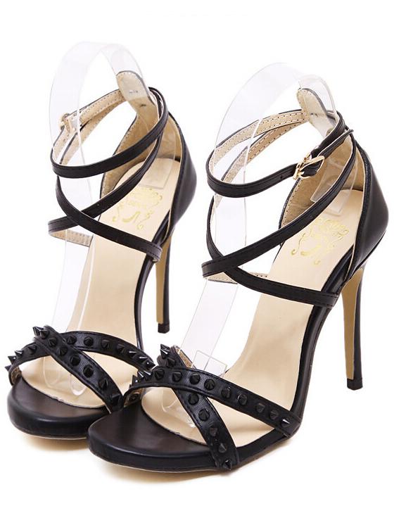 Romwe Black High Heel Buckle Rivet Sandals