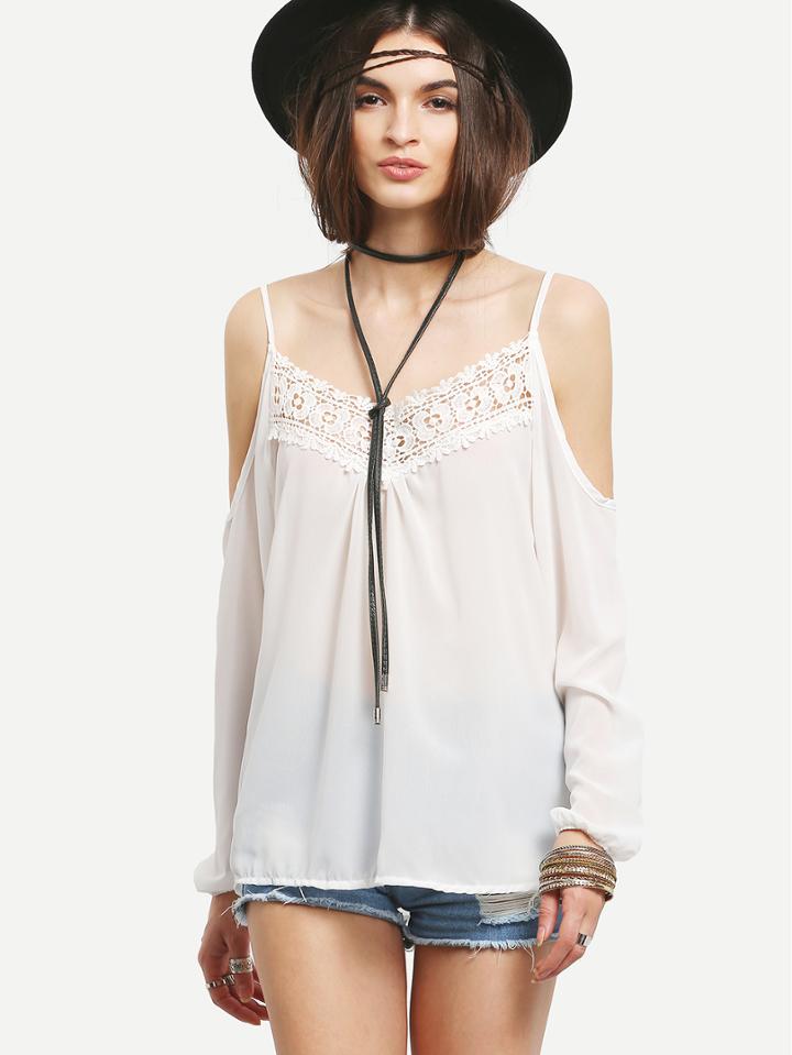 Romwe Lace Neck Cold Shoulder Chiffon Blouse