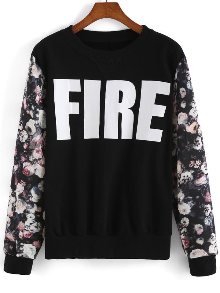 Romwe Flower Letter Print Black Sweatshirt