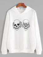 Romwe White Skull Print Hooded Sweatshirt
