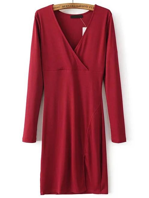 Romwe Red Ribbed V Neck Slit Dress