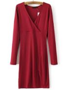 Romwe Red Ribbed V Neck Slit Dress