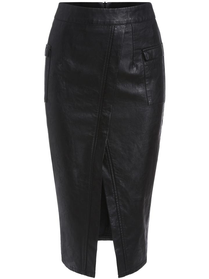 Romwe Black Slim Split Pu Skirt