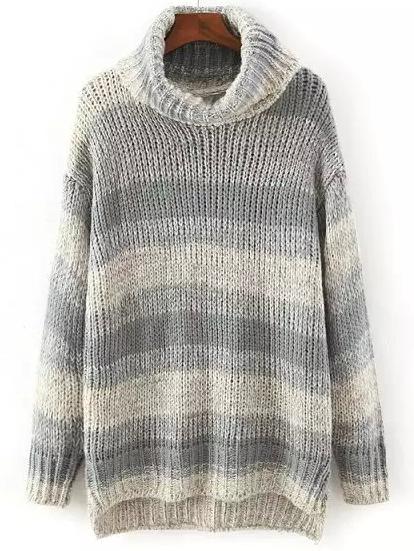 Romwe Turtleneck Striped Dip Hem Grey Jumper