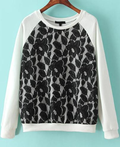 Romwe White Round Neck Long Sleeve Lace Sweatshirt