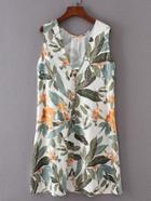Romwe V-neckline Leaves Print Sleeveless Dress