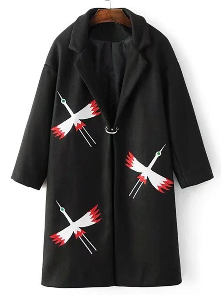 Romwe Bird Embroidery Wool Blend Coat