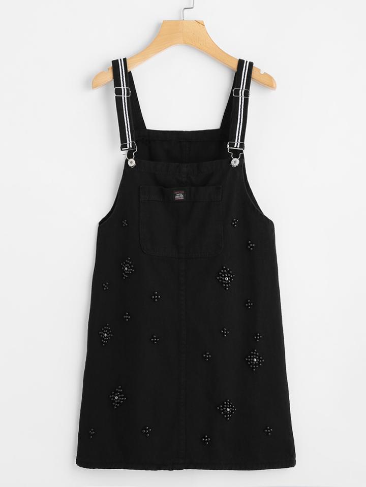 Romwe Beaded Detail Pocket Front Overall Denim Dress