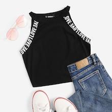 Romwe Letter Tape Rib-knit Crop Halter Top
