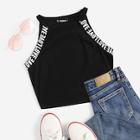 Romwe Letter Tape Rib-knit Crop Halter Top