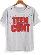 Romwe Grey Short Sleeve Teen Cunt Print Hollow T-shirt