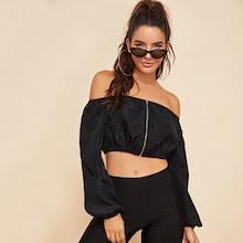 Romwe Off Shoulder Zip Up Crop Coat