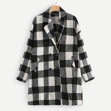Romwe Plus Notch Collar Double Breasted Plaid Coat