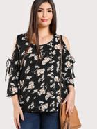 Romwe Open Shoulder Ditsy Print Top
