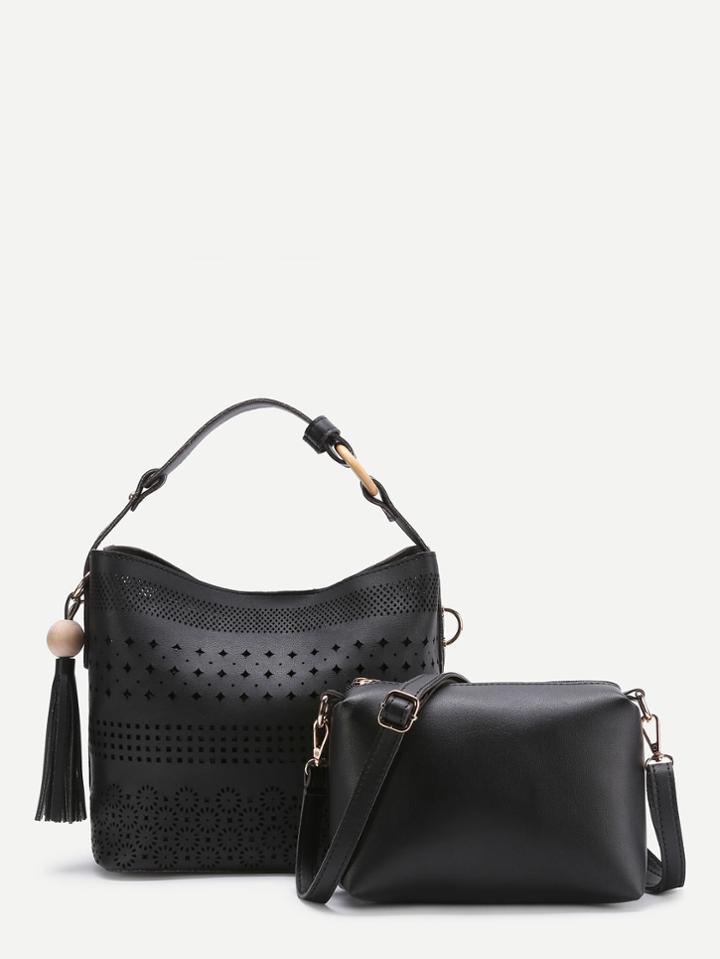 Romwe Tassel Detail Laser Cut Shoulder Bag With Clutch