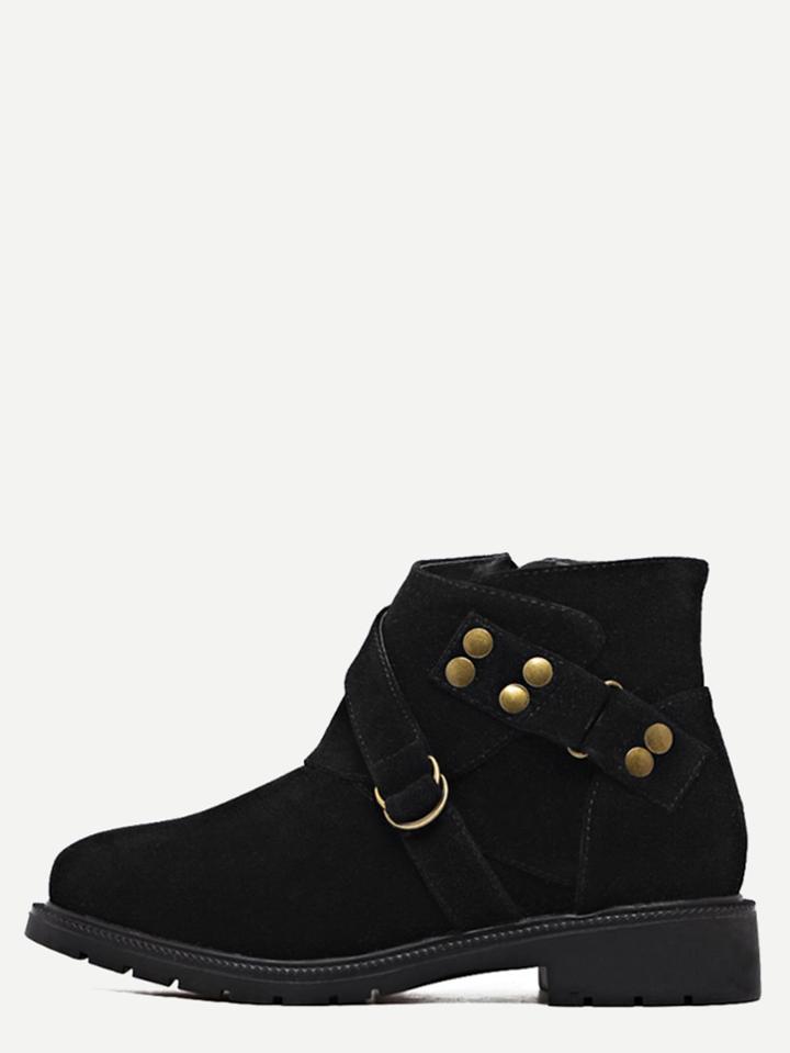 Romwe Black Faux Suede Buckle Strap Side Zipper Booties