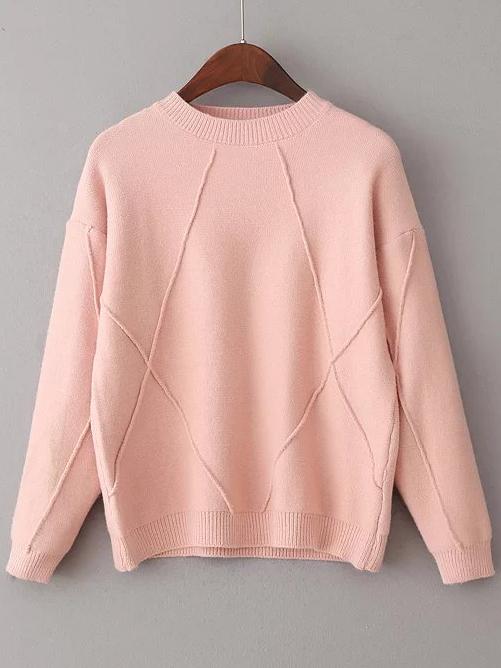 Romwe Pink Crew Neck Ribbed Trim Sweater