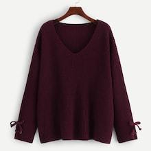 Romwe Grommet Lace Up V Neck Sweater