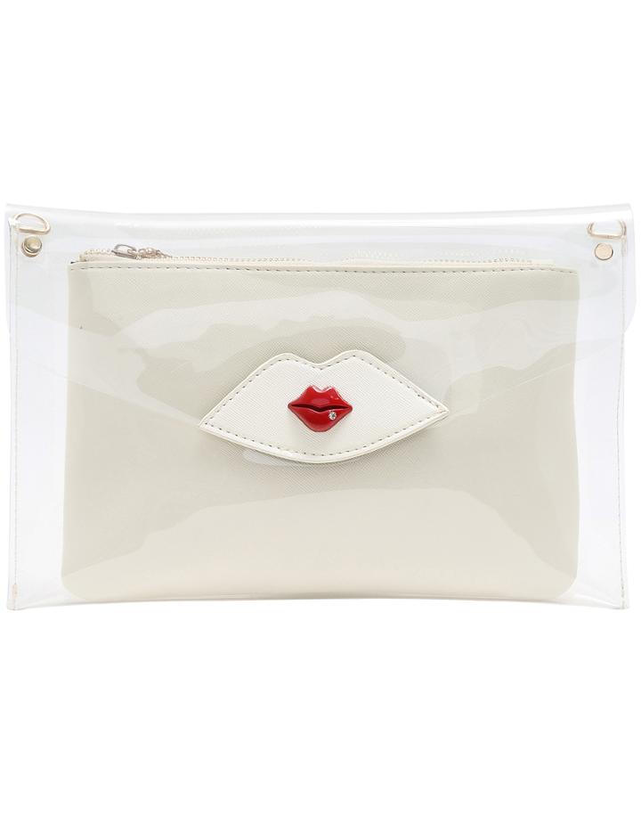 Romwe White Red Lips Pattern Transparent Clutch Bag