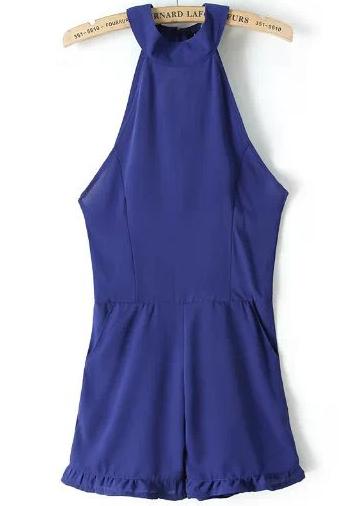 Romwe Blue Off The Shoulder Backless Jumpsuit