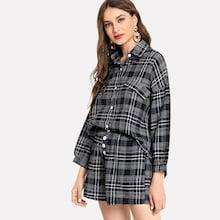 Romwe Plaid Blouse With Shorts Set