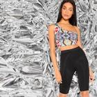 Romwe One Shoulder Poker Print Top & Cycling Shorts Set