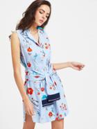 Romwe Blue Striped Flower Print Shirt Dress With Self Tie