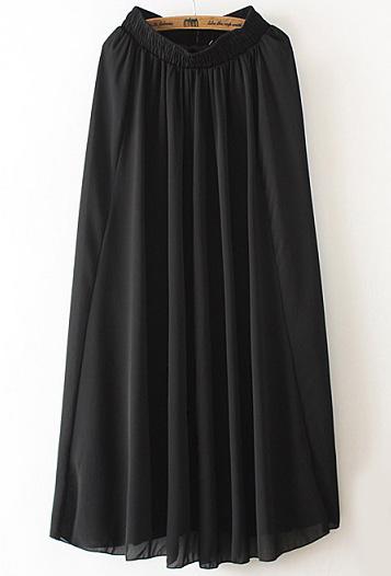 Romwe Black Elastic Waist Chiffon Pleated Skirt
