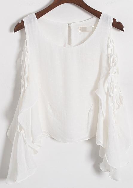Romwe Open Shoulder Ruffle White T-shirt