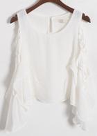 Romwe Open Shoulder Ruffle White T-shirt