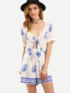 Romwe Cutout Knot-front Printed Romper - White