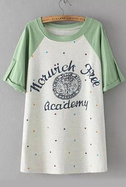 Romwe Polka Dot Letter Print Green T-shirt