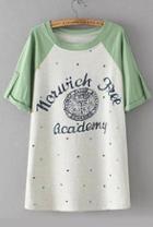 Romwe Polka Dot Letter Print Green T-shirt