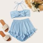 Romwe Tie Front Shirred Back Halter Top With Ruffle Shorts