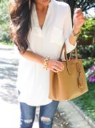 Romwe Beige V Neck Long Sleeve Loose Blouse