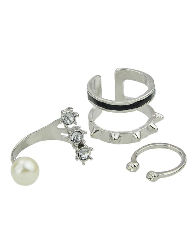 Romwe Silver Enamel And Rhinestone Rings Set