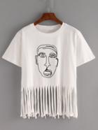 Romwe Portrait Print Fringe T-shirt - White