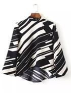 Romwe Black White Stand Collar Striped Crop Blouse