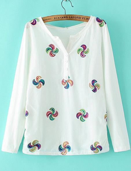 Romwe White V Neck Windmill Embroidered Blouse