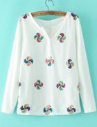 Romwe White V Neck Windmill Embroidered Blouse