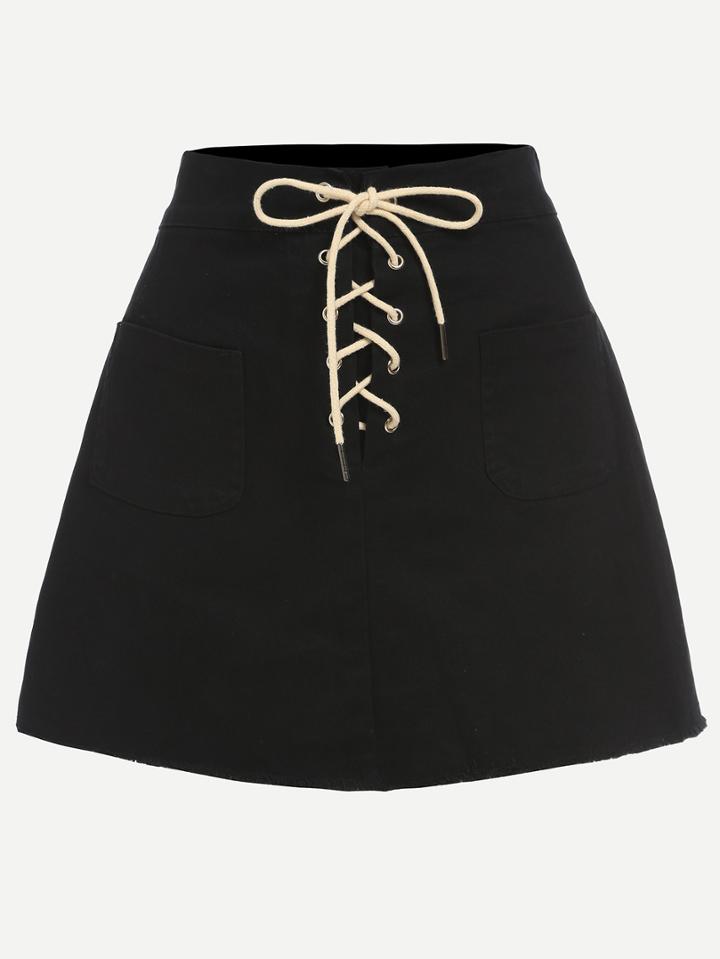 Romwe Black Lace-up Fly Dual Pocket Raw Hem Skirt