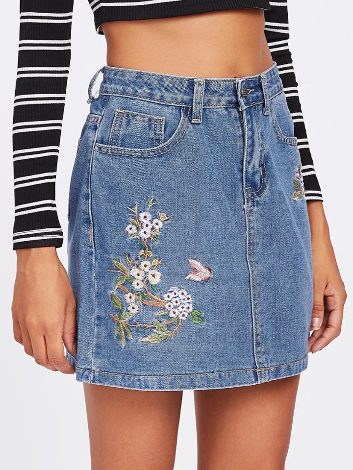 Romwe Botanical Embroidered Denim Skirt
