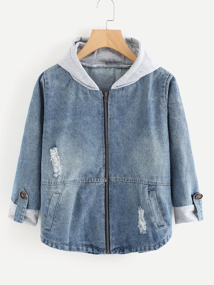 Romwe Ripped Cuffed Zip Up Denim Jacket