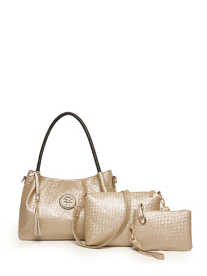 Romwe Woven Embossed Tassel Detail Pu Bag Set 3pcs