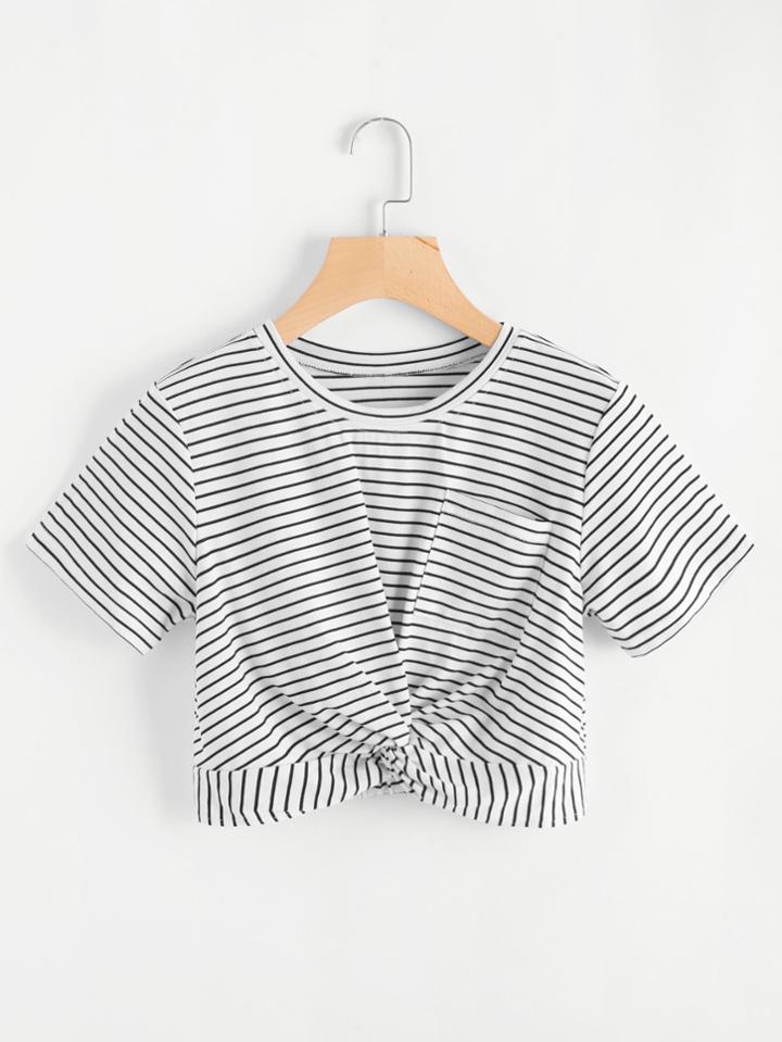 Romwe Striped Twist Front Crop Tee