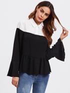 Romwe Contrast Shoulder Frill Cuff And Hem Blouse