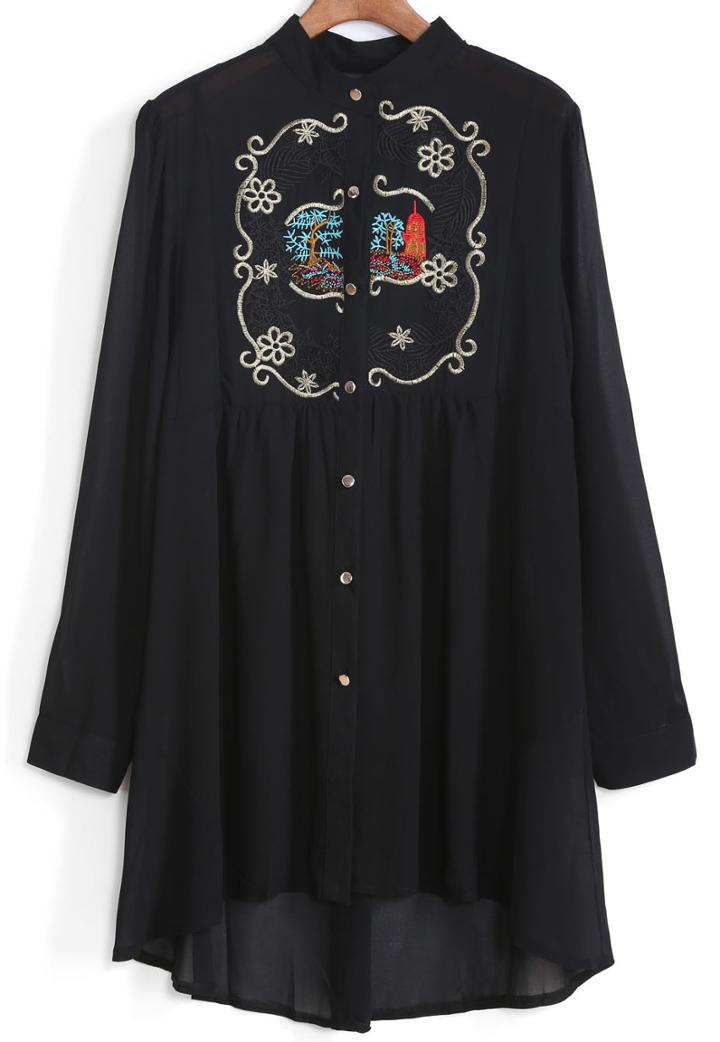 Romwe Stand Collar Dip Hem Embroidered Chiffon Blouse