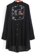 Romwe Stand Collar Dip Hem Embroidered Chiffon Blouse