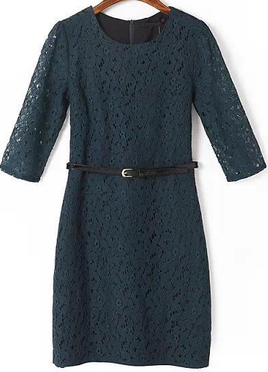 Romwe Green Half Sleeve Hollow Lace Dress