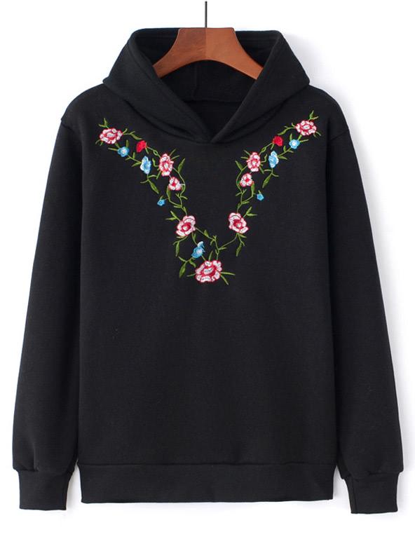 Romwe Botanical Embroidered Hoodie